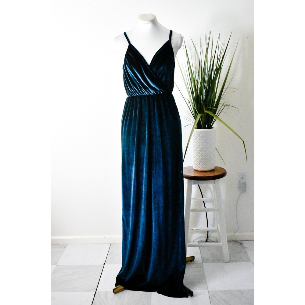 Clarisbelle Velvet Maxi Dress Womens Small Teal Modern Wrap V-Neck Slit